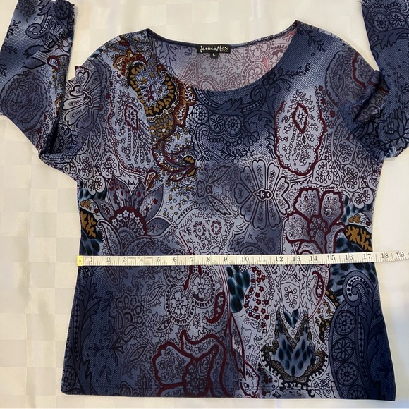 Jessica Max Long Sleeve Round Neck Blue & Purple Print Blouse, L - Picture 8 of 11